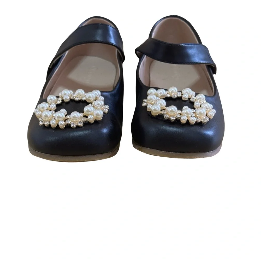 Coutgo Black Ballet Flats Kids Size 4Y Pearl Strap Dress Shoes Chic New